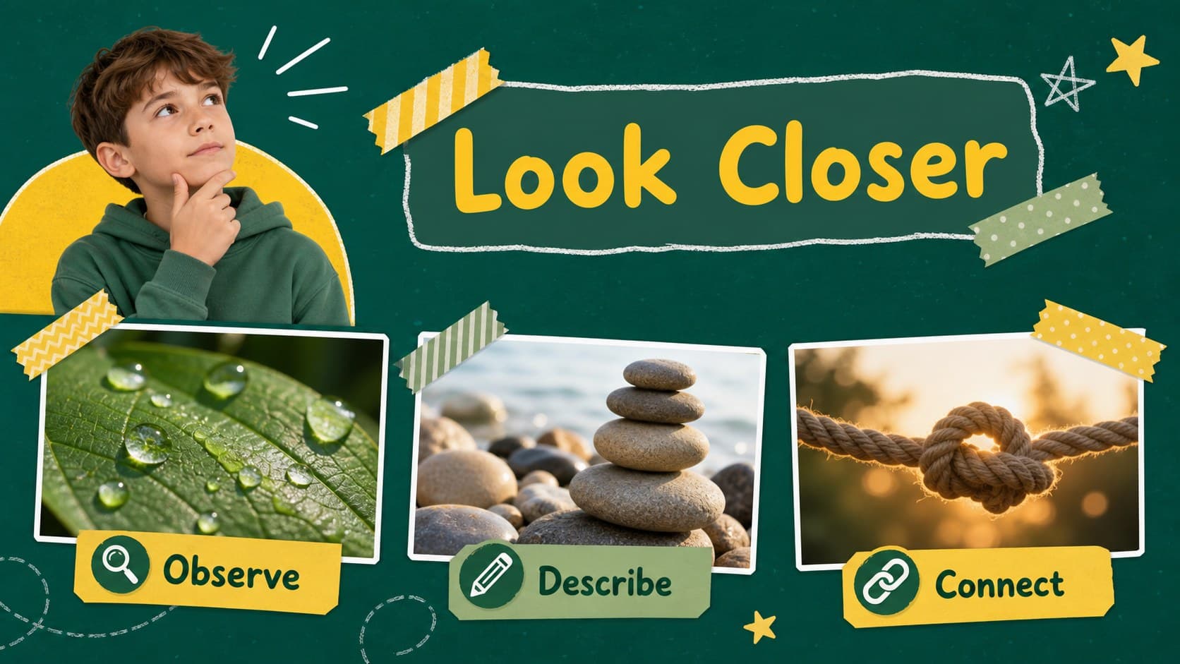 Animated classroom lesson deck slide with a photo collage layout, green board texture, and yellow caption frames.