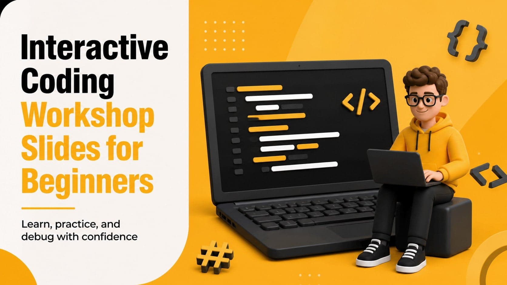 Bold cover slide for an interactive coding workshop slides deck with a yellow code-themed illustration and beginner-friendly title.