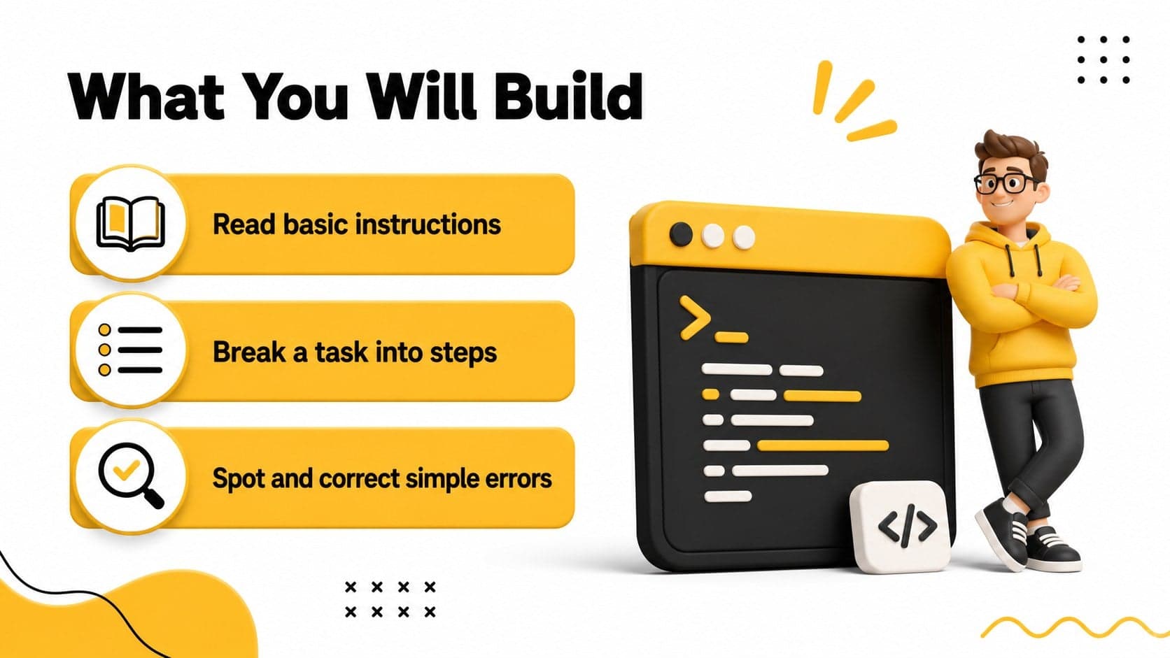 Learning goals slide showing beginner coding outcomes with high-contrast typography and yellow abstract graphics.