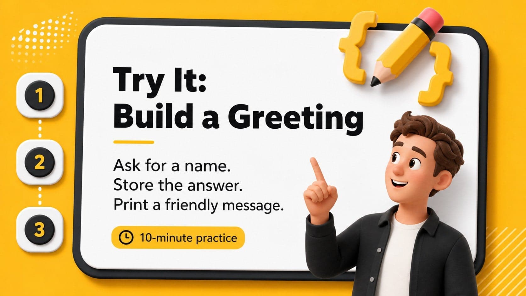 Practice challenge slide inviting learners to write a first program with yellow challenge cards and playful code graphics.