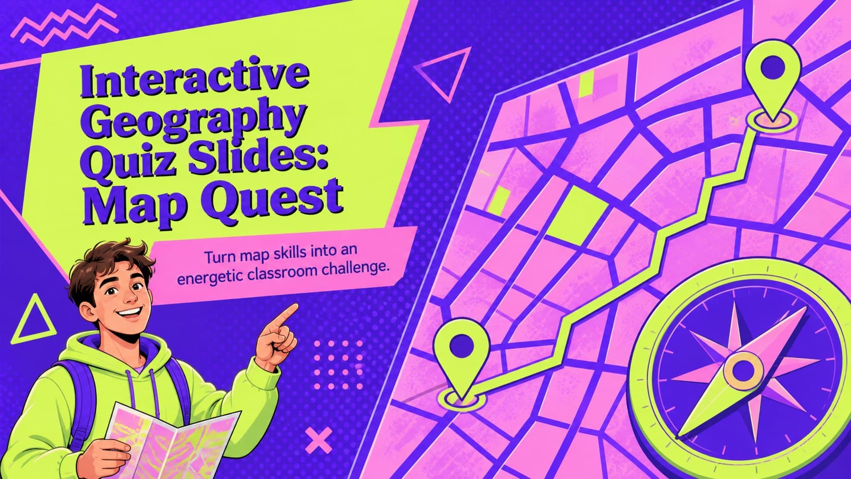 Cover slide for interactive geography quiz slides featuring a neon map route and the title Map Quest.