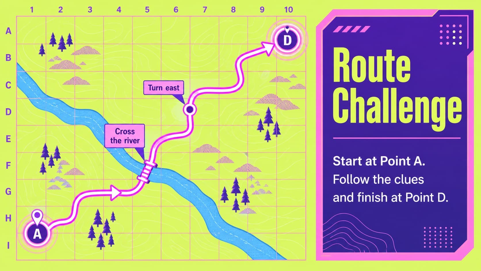 Route challenge slide showing a neon path and map skills classroom activity prompt.