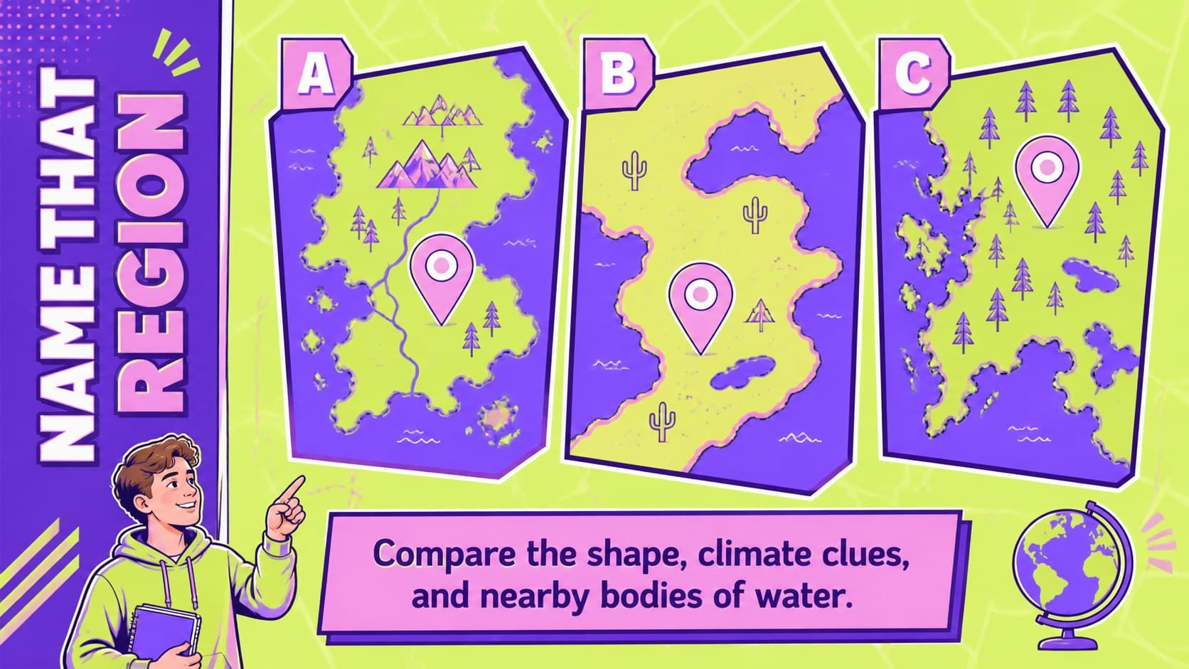 Regional identification slide presenting a colorful map question for geography review slides for teachers.