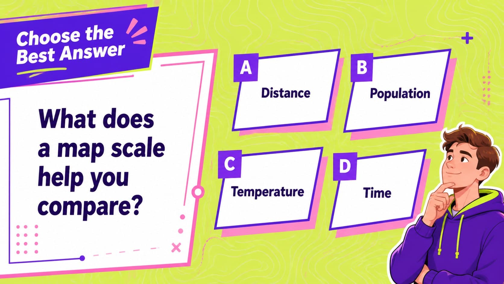 Multiple-choice geography challenge slide with bright answer options and map symbols.