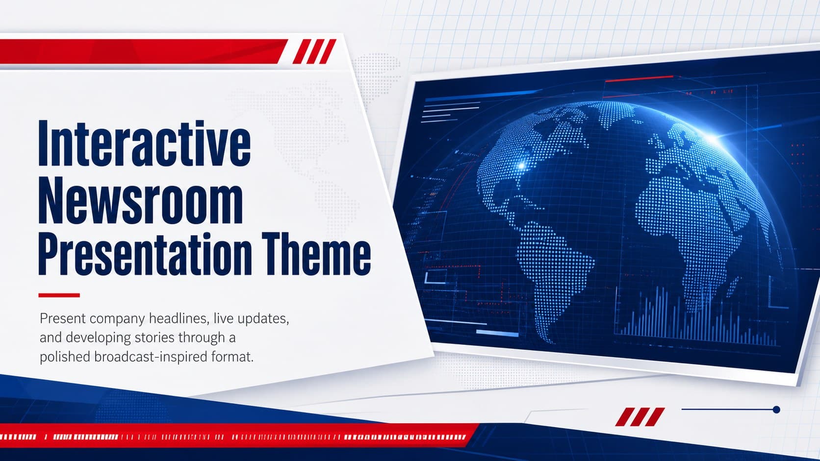 Cover of an interactive newsroom presentation theme with bold broadcast graphics in red, white, and blue.