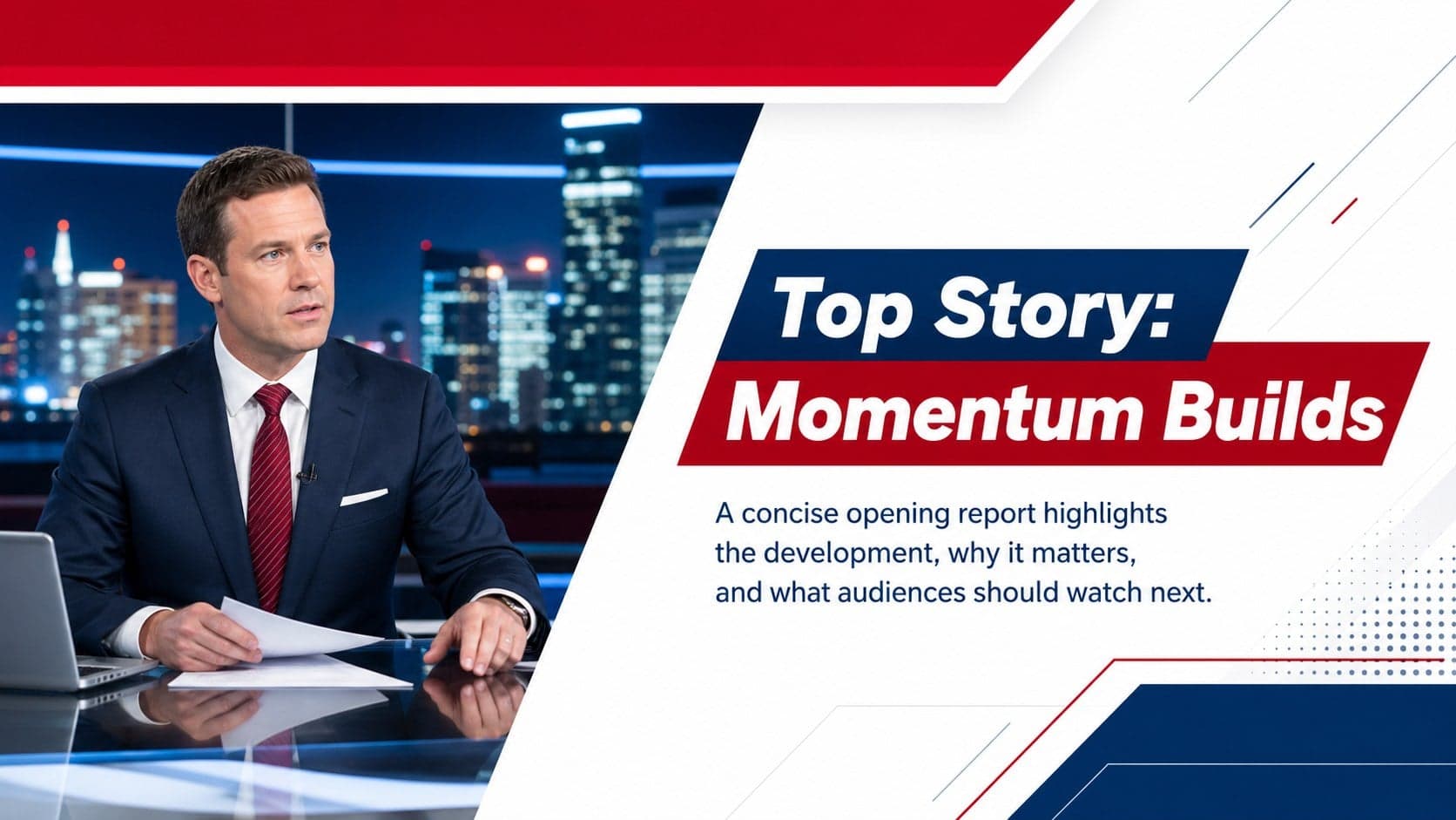 Top story opener in an interactive broadcast slides template with a large editorial image and concise report summary.