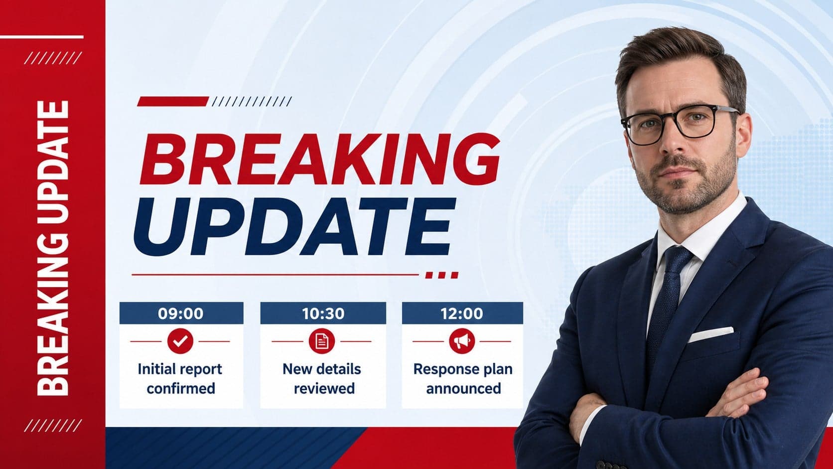 Breaking news bulletin presentation slide featuring an urgent headline and three verified update points.