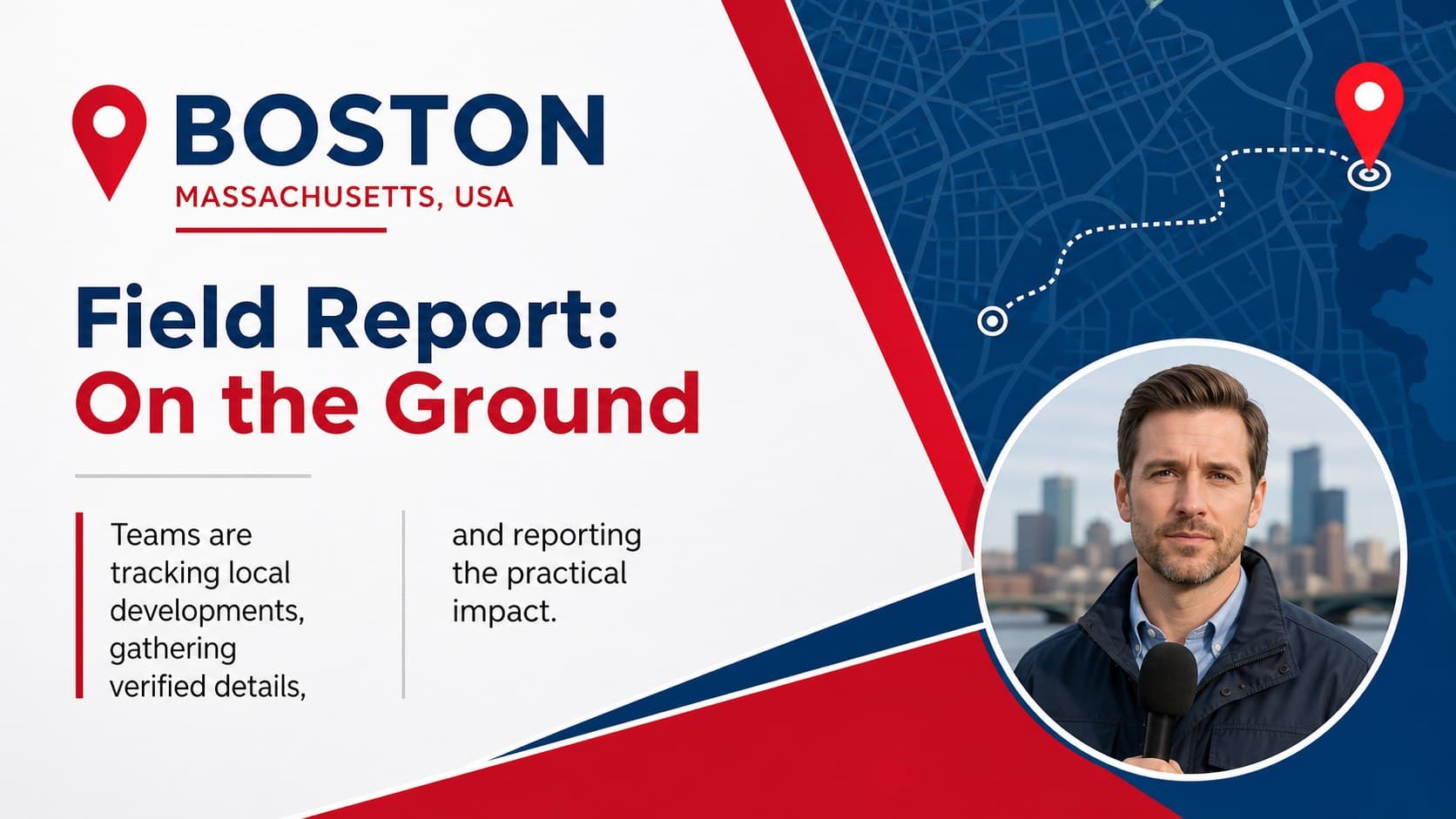 Field report slide with an original correspondent portrait, location marker, and concise update for a newsroom deck.