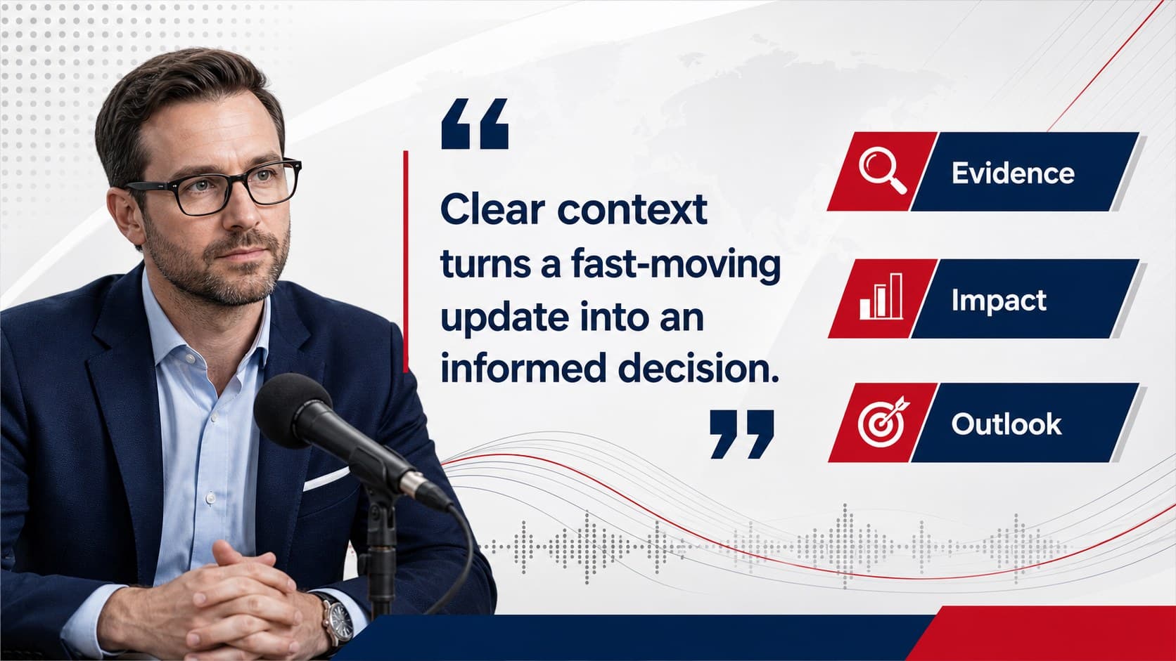 Expert interview profile slide for a modern news briefing presentation with a quote and discussion topics.