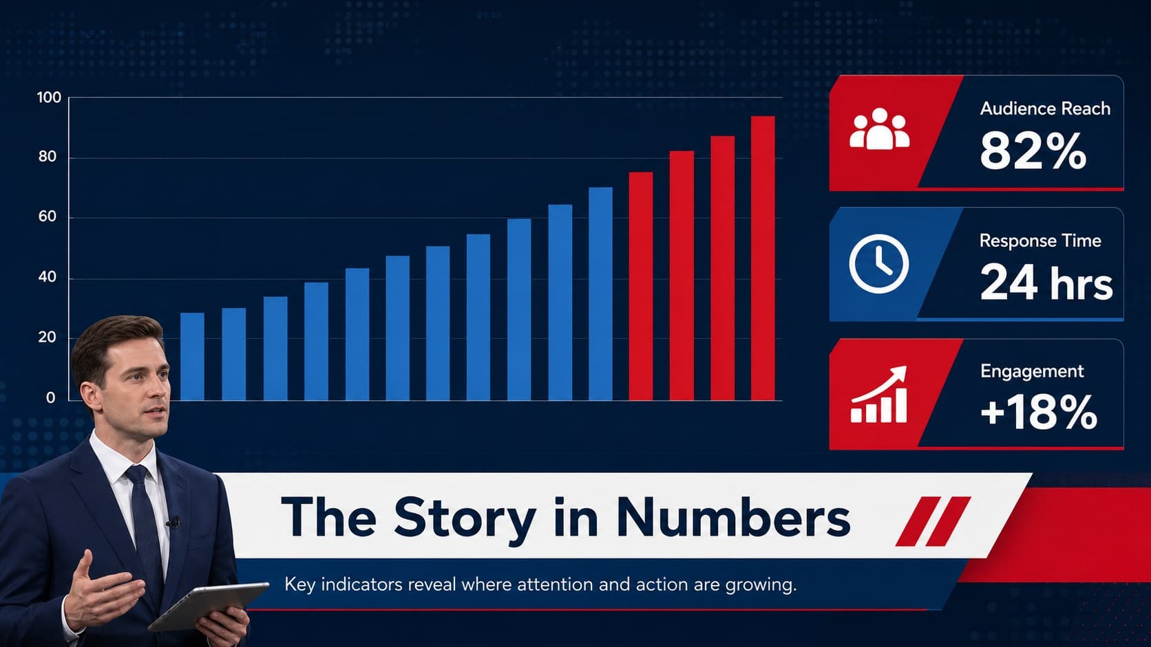 News statistics dashboard showing audience reach, response time, and engagement in a corporate news update PowerPoint.