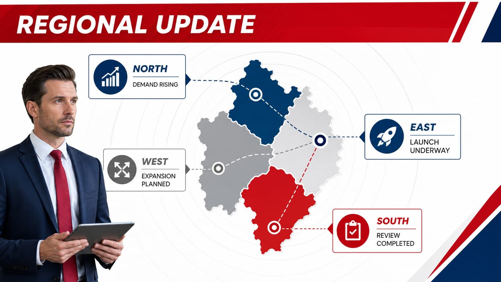 Regional newsroom update slide featuring a simplified map and four concise location reports.