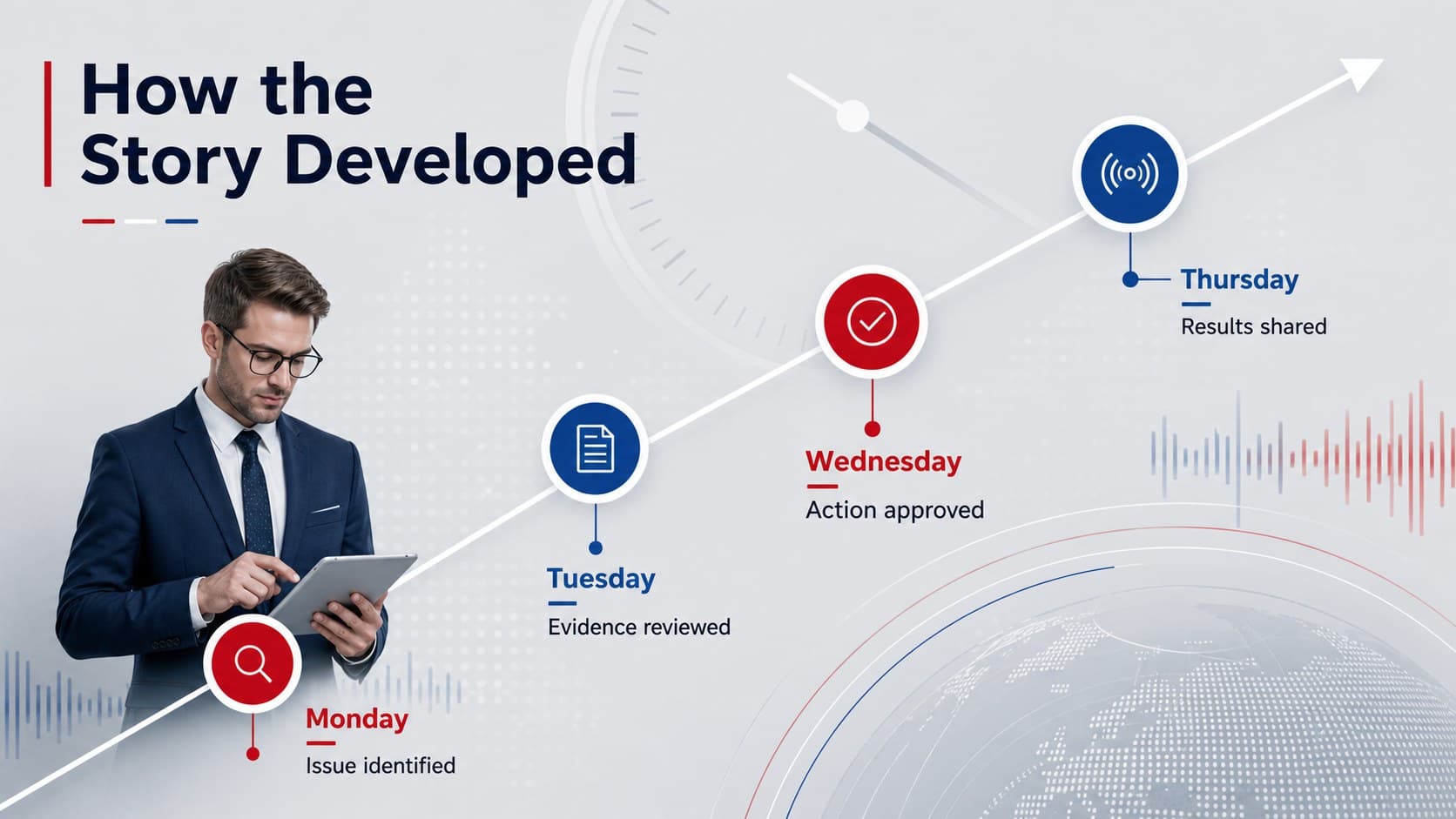 Developing story timeline in an interactive newsroom presentation theme with four clearly dated milestones.