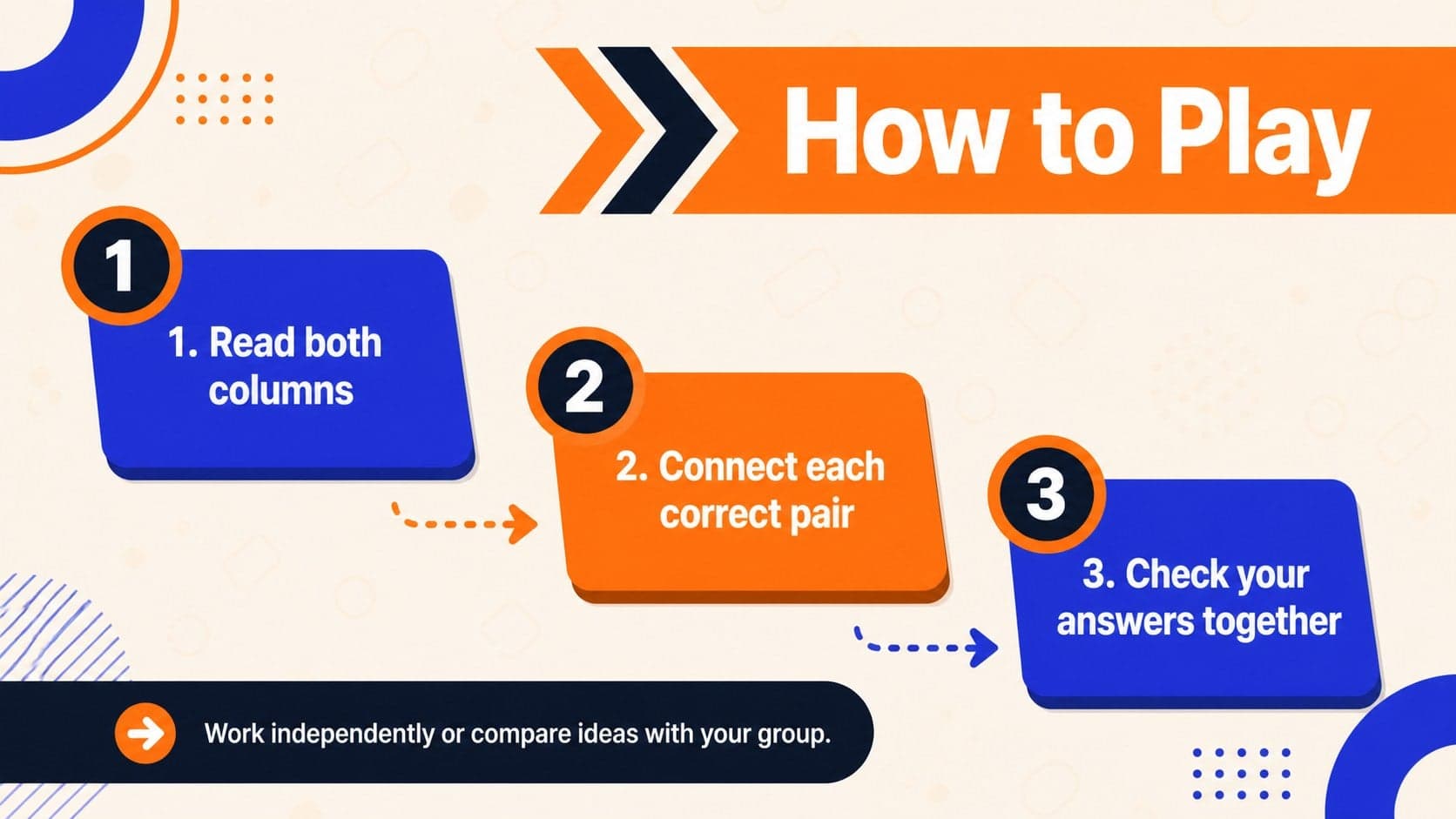 Instruction screen for a classroom matching activity explaining how students connect each item with its partner.