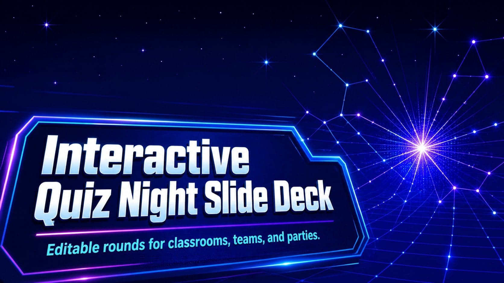 Blue celestial cover slide for an interactive quiz night slide deck with a bold game-show title.