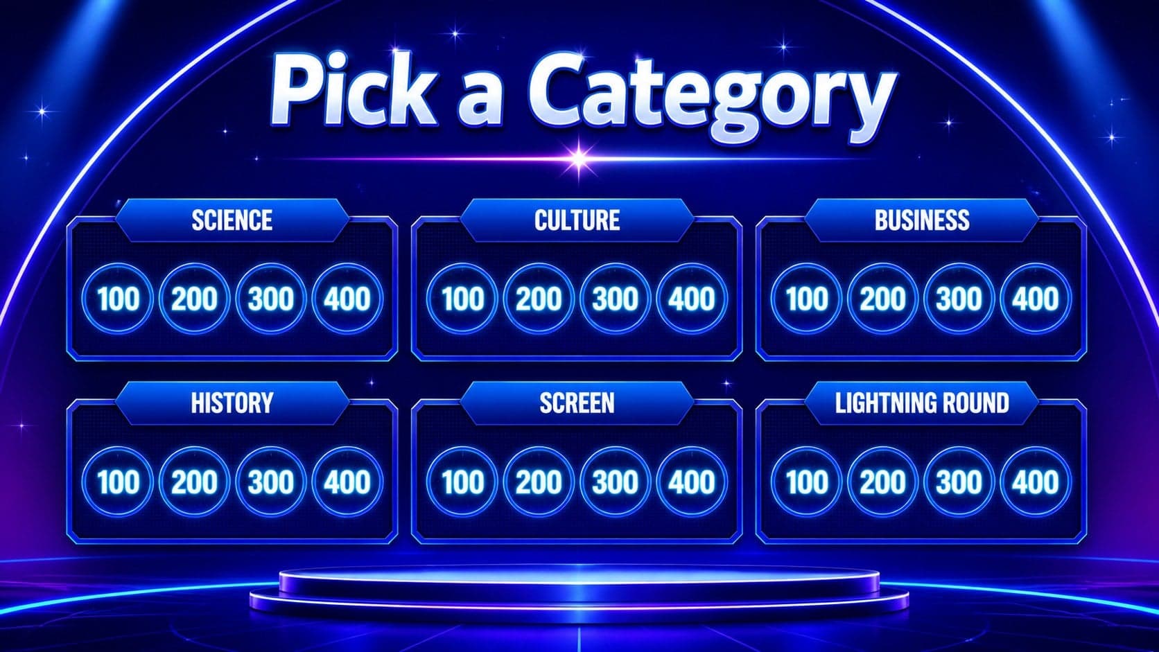 Editable quiz category board with six blue topic columns and selectable point values.