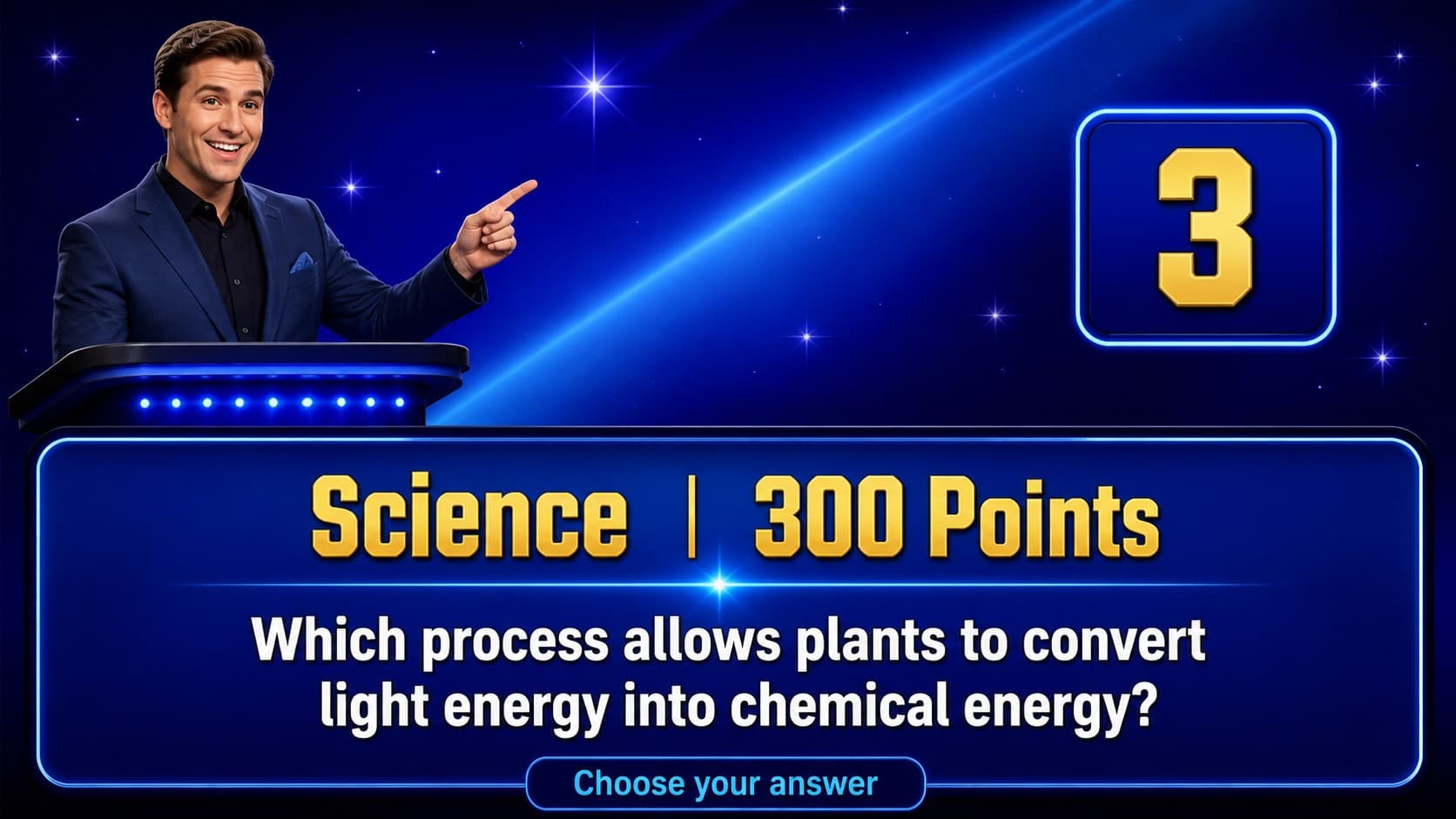 Quiz clue slide displaying a high-value question in a dramatic blue game-show layout.