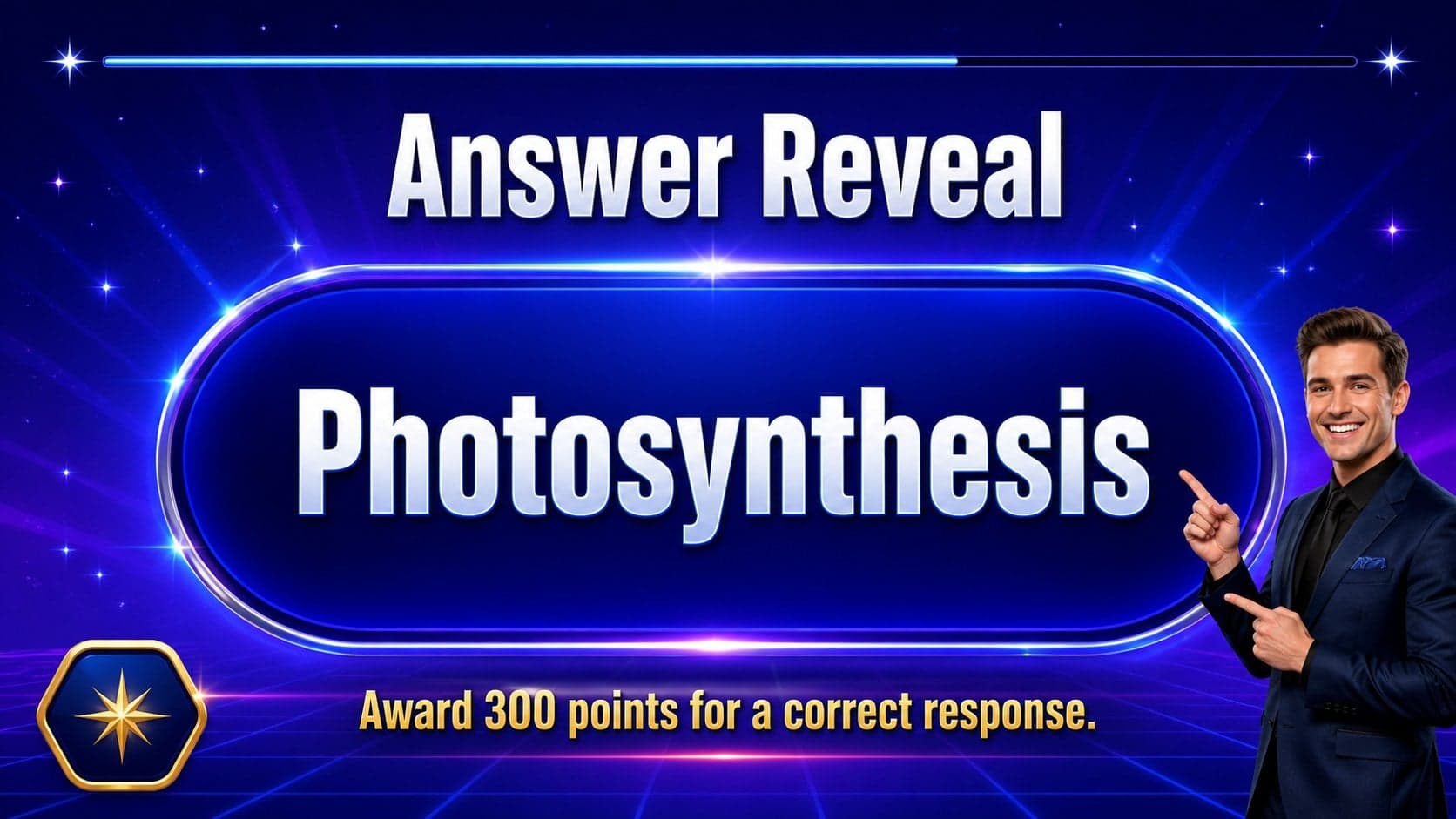 Quiz answer reveal slide with the correct response highlighted in a bright blue panel.