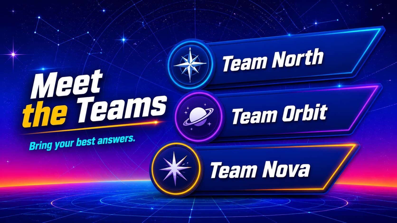 Trivia team introduction slide presenting three competing teams in blue celestial panels.