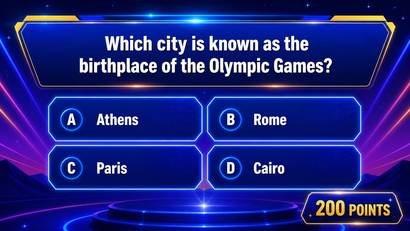 Multiple-choice quiz question layout with four editable answer options and a point badge.