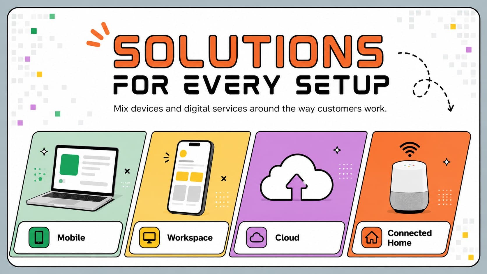 Illustrated digital product showcase presenting four technology categories with colorful icons.