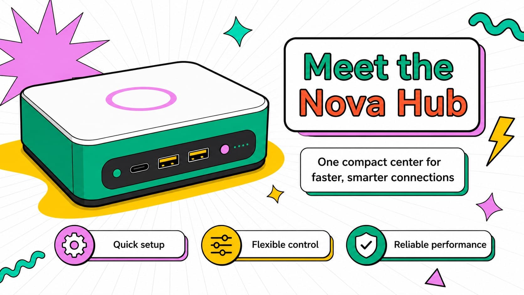 Featured technology product slide with a large device illustration, value statement, and benefit callouts.