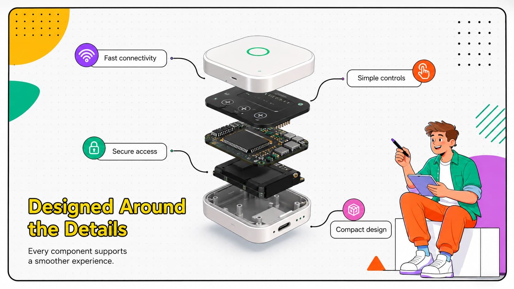 Product feature anatomy slide labeling connectivity, controls, security, and compact hardware design.