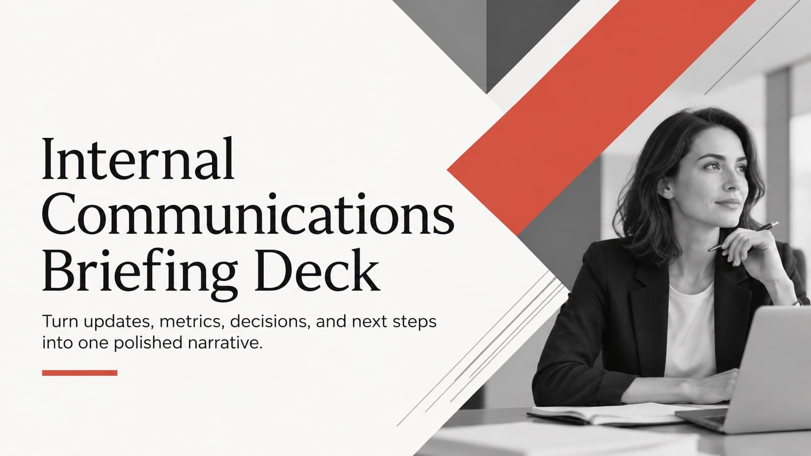 Cover of an internal communications briefing deck with modern grey, red, and white abstract graphics.