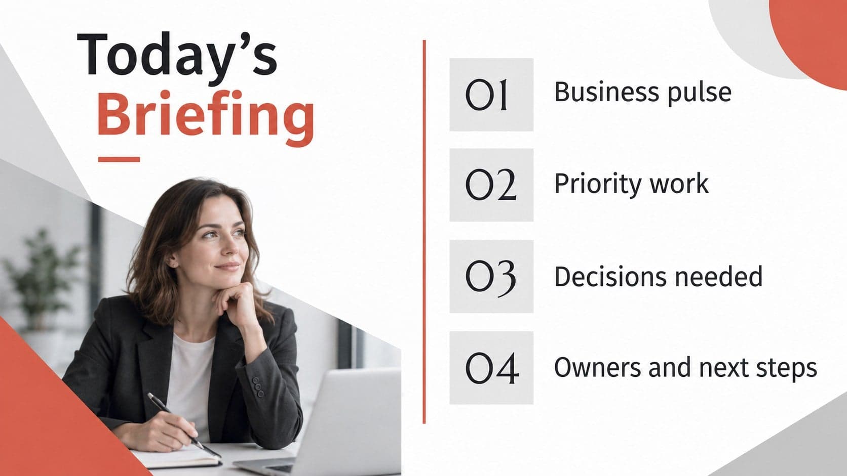 Modern corporate agenda slide outlining the sections of an internal team briefing.