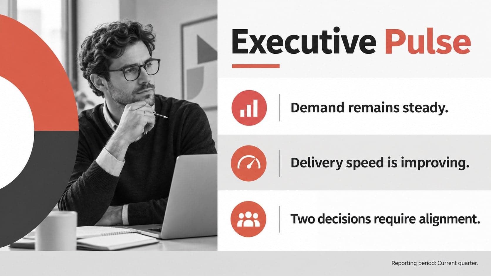 Executive update slide summarizing key signals, decisions, and upcoming business priorities.