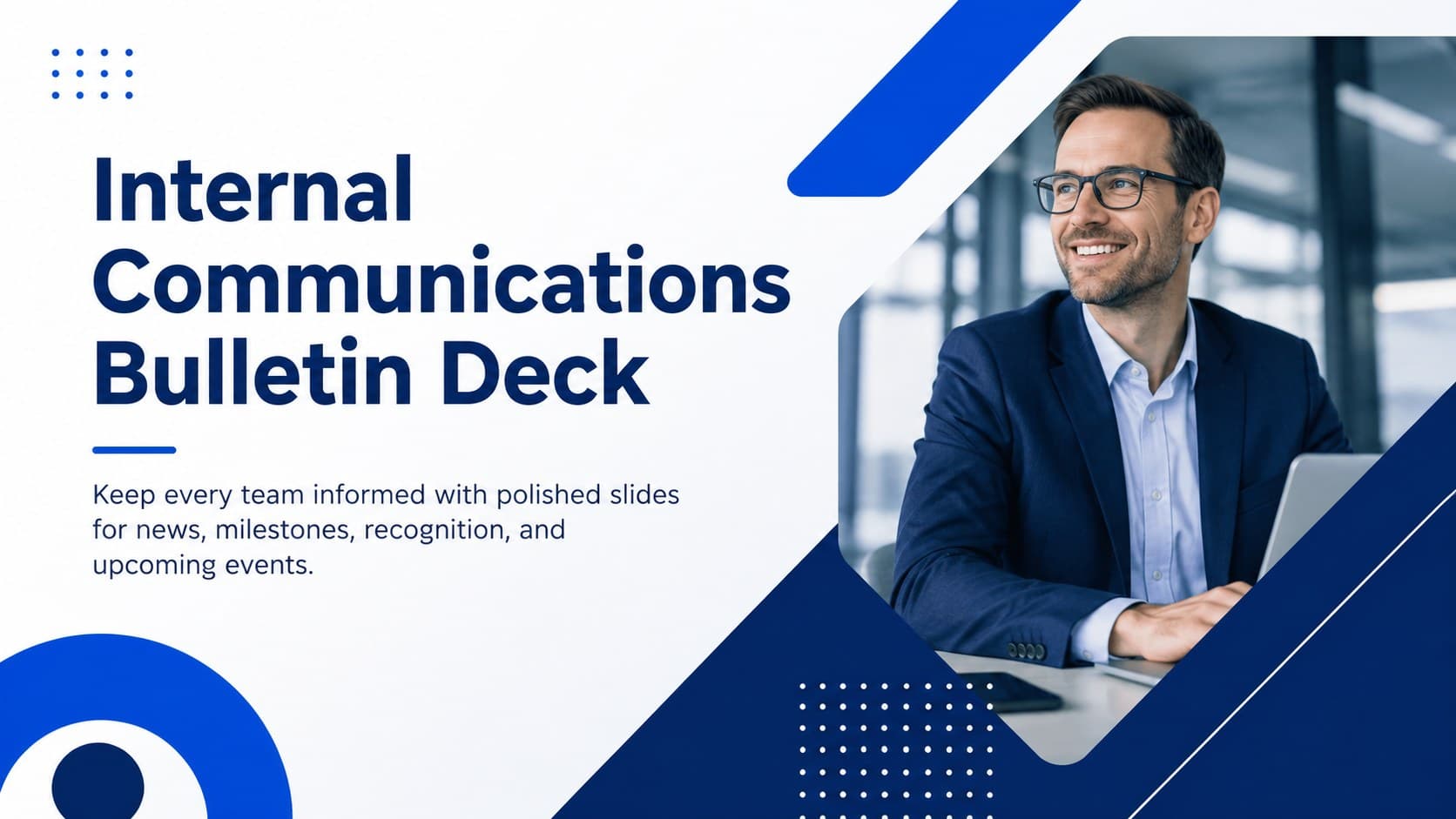 Blue and white cover for an internal communications bulletin deck with geometric business graphics.