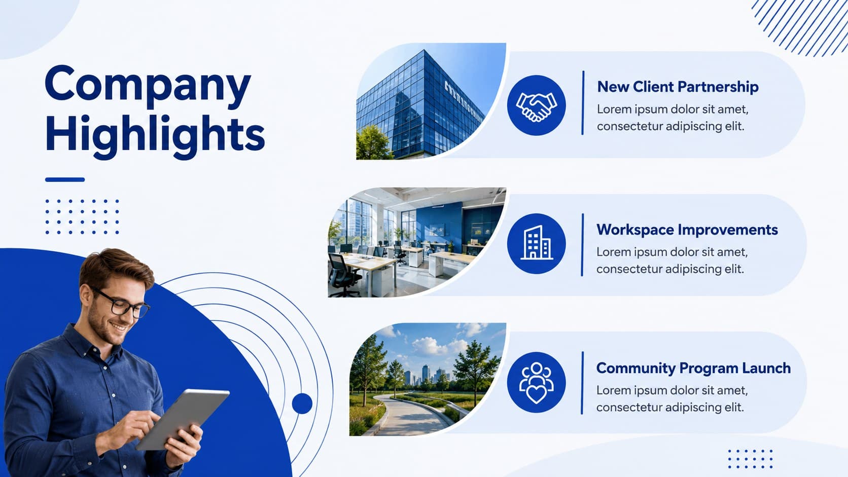 Corporate announcements slide deck layout summarizing three recent company highlights.