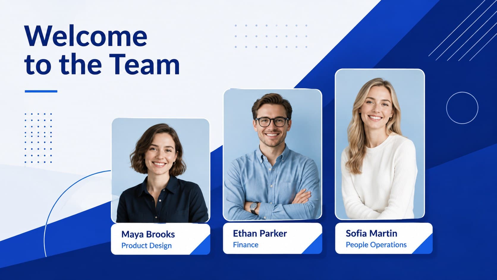 Company newsletter slide welcoming three new colleagues with professional profile images.