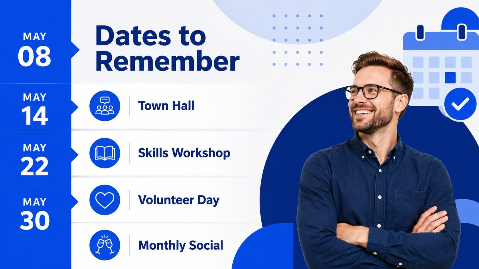 Staff bulletin calendar slide listing important meetings, workshops, and company events.