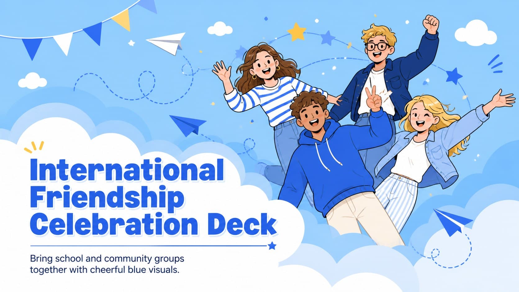Cover of the International Friendship Celebration Deck with cheerful blue illustrations of a diverse group connecting.