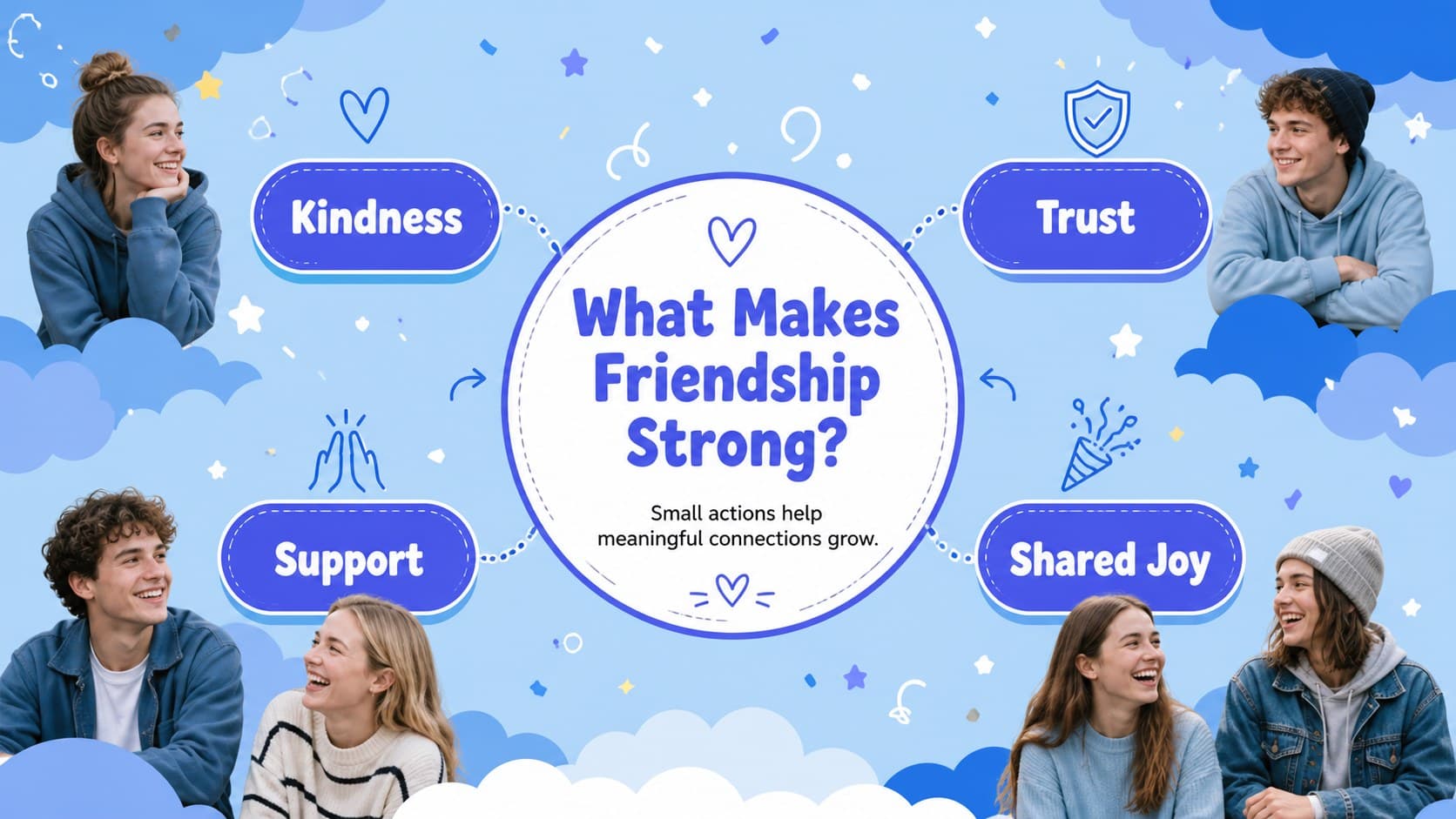 Illustrated friendship lesson slide explaining kindness, trust, support, and shared joy.