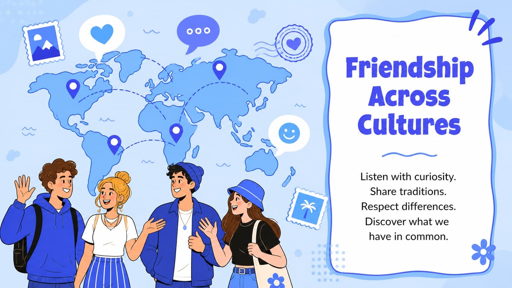 Global friendship classroom slide featuring a world map and prompts about connecting across cultures.