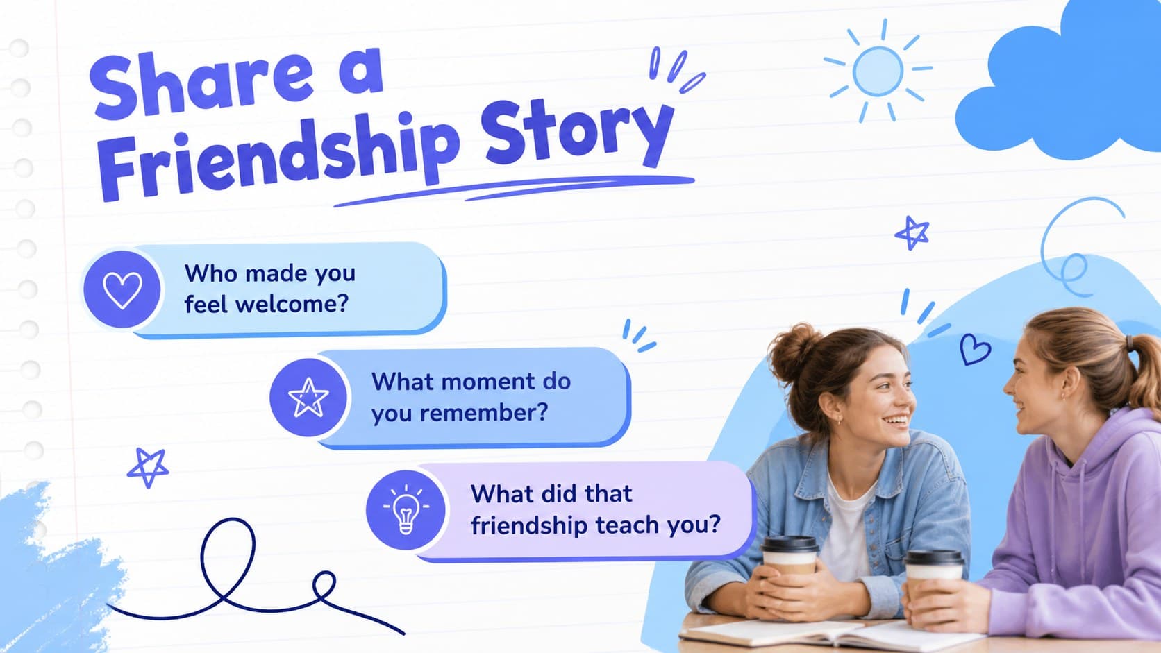 International friendship month presentation slide with a discussion prompt about a memorable friend.