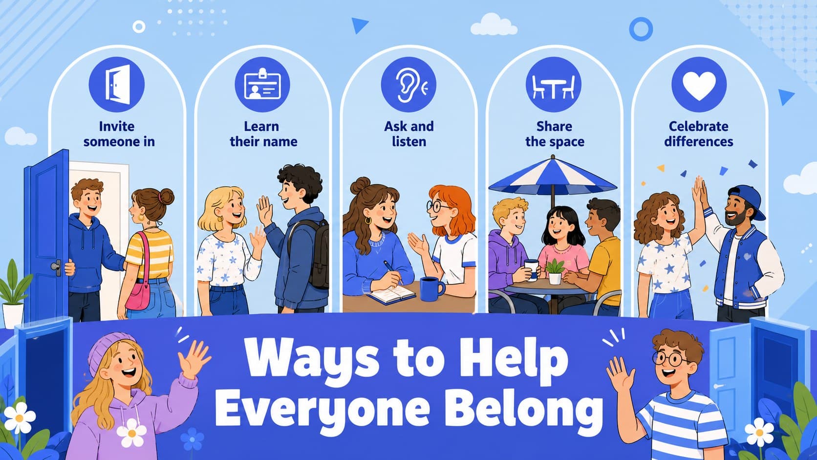 Blue friendship event presentation slide showing simple ways to make others feel included.