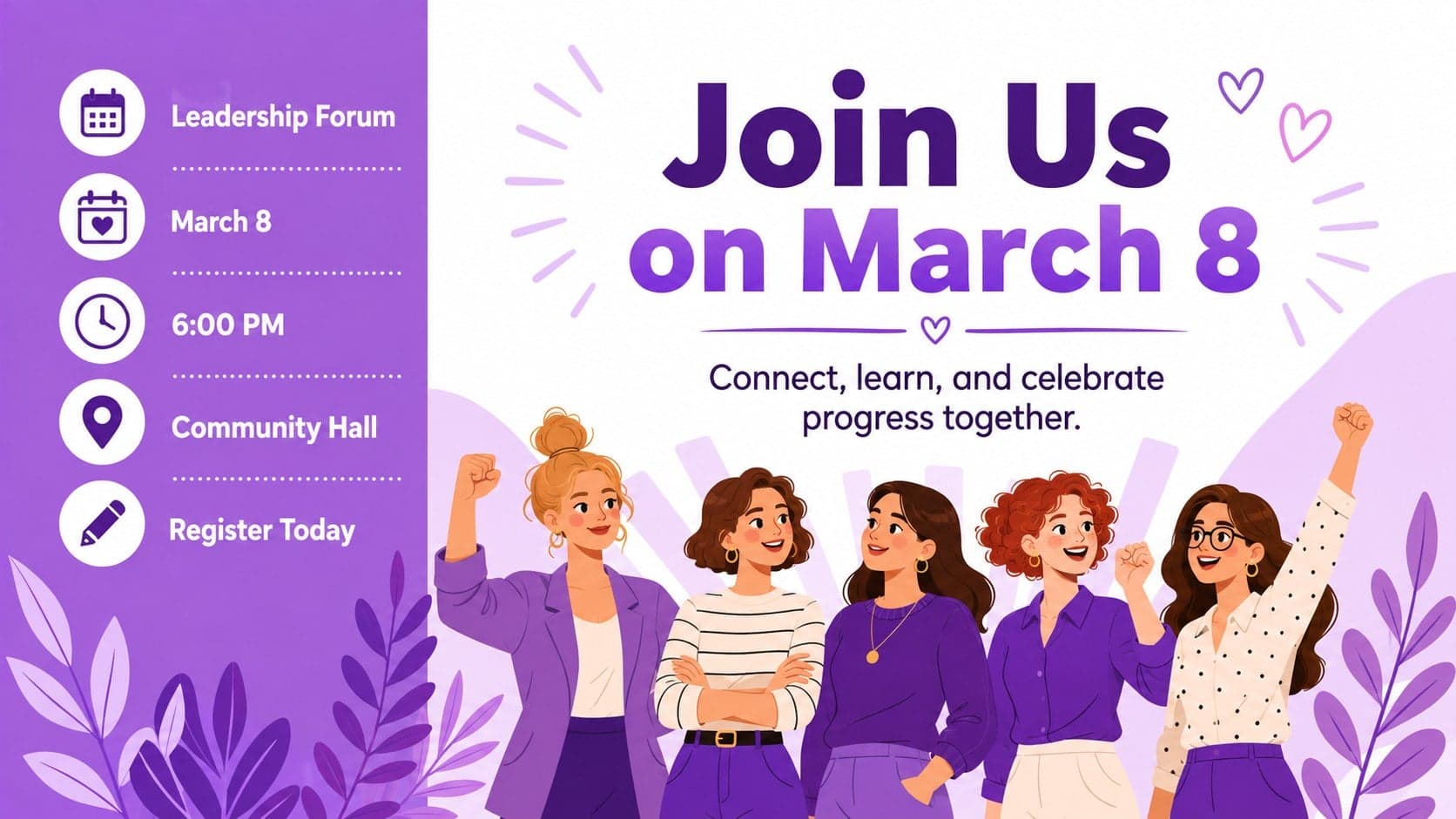 Purple March 8 event flyer layout presenting editable date, venue, time, and registration information.