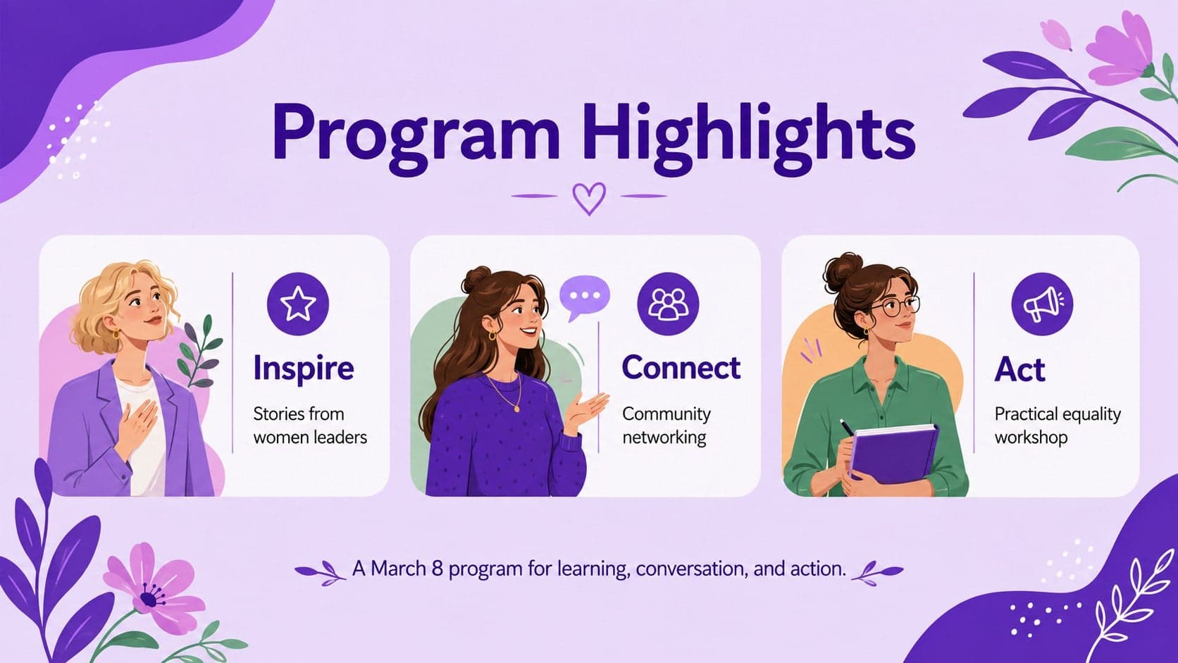 International Women's Day seminar promotion slide featuring a three-part program and original purple illustrations.
