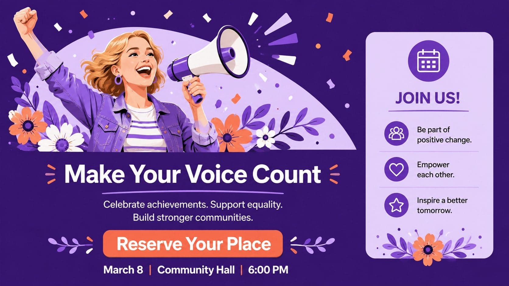 Women's leadership event announcement closing slide with a bold registration message in a purple illustrated design.