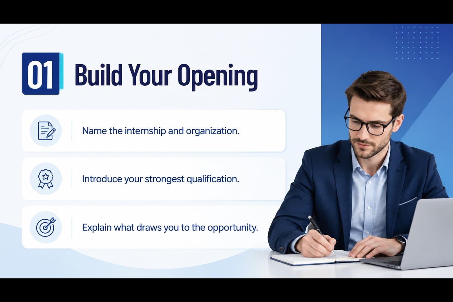 Internship cover letter slides showing guided prompts for writing a focused opening paragraph.