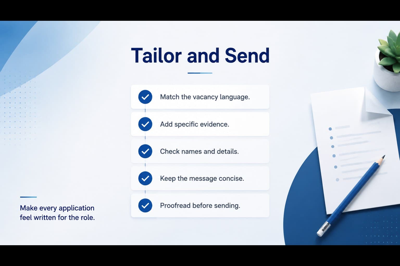 Cover letter writing guide for students with a blue-and-white checklist for tailoring and reviewing an internship application.