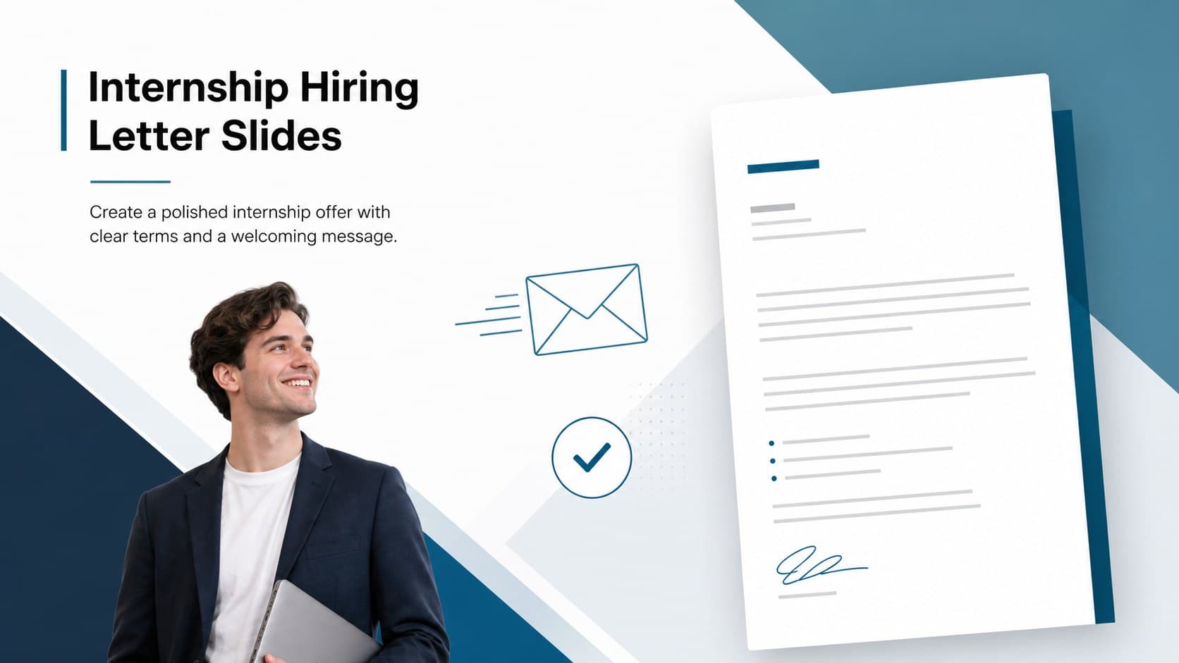 Cover for Internship Hiring Letter Slides with a professional blue, black, and white letter-inspired layout.