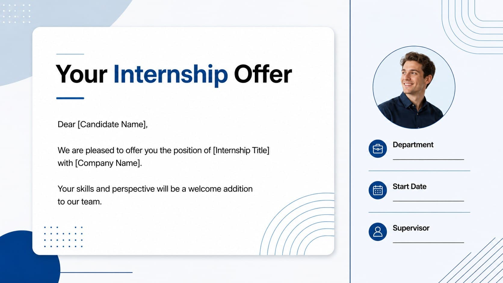 Editable internship offer letter presentation showing a welcome message and candidate-specific placement details.