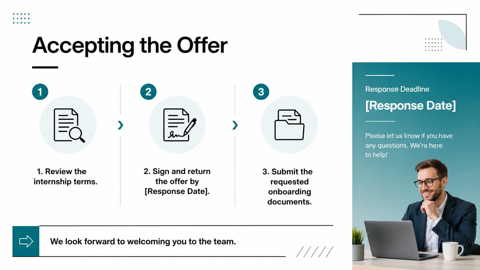 Internship acceptance instructions slide with a response deadline and three clear onboarding steps.