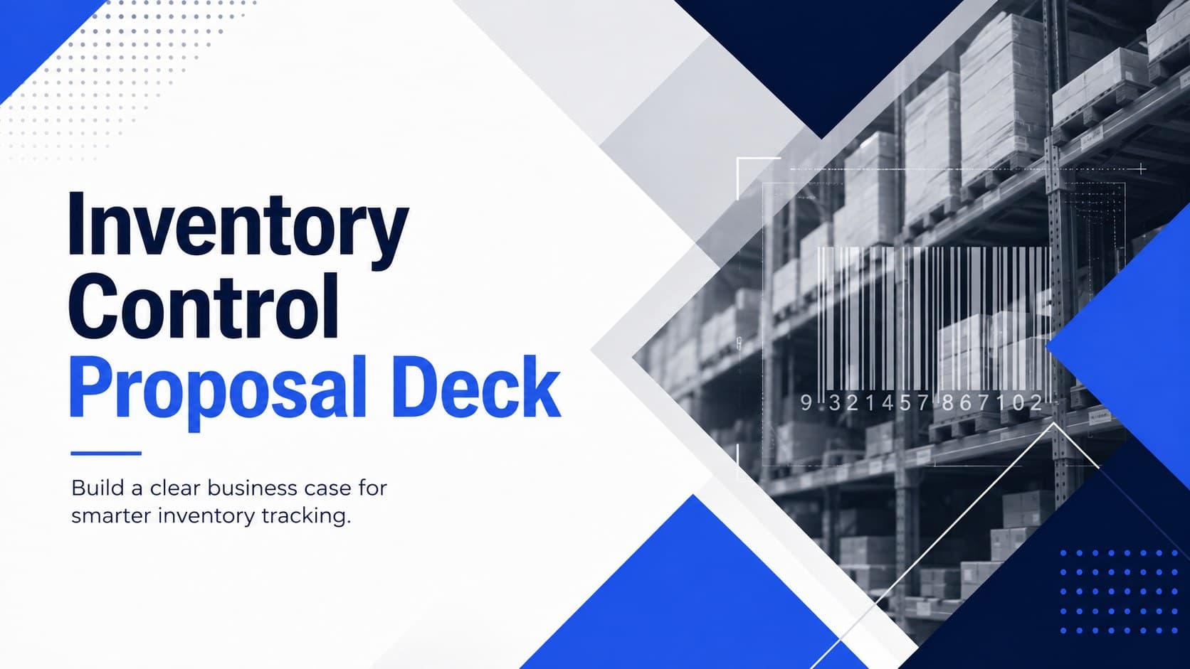 Blue and white cover for an inventory control proposal deck with geometric warehouse graphics.