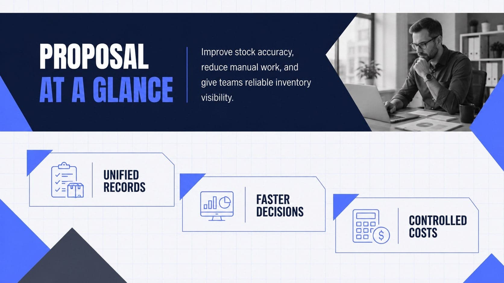 Executive overview slide summarizing an inventory tracking project plan and its expected outcomes.