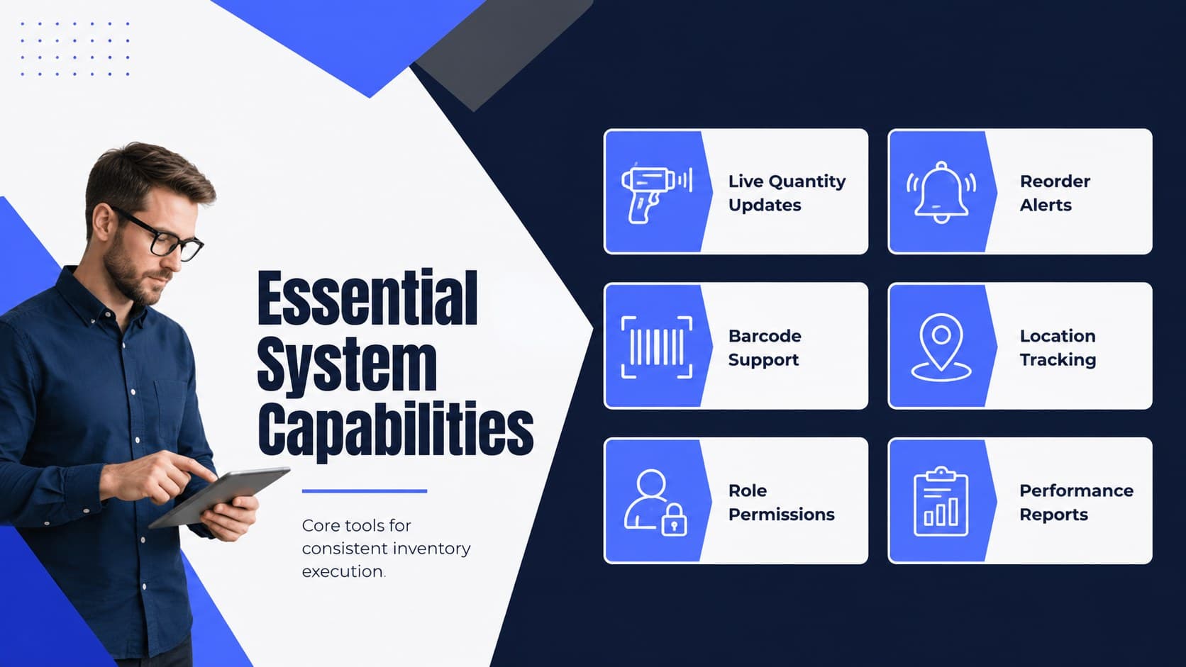 Inventory control software pitch slide presenting essential system capabilities in a blue geometric layout.