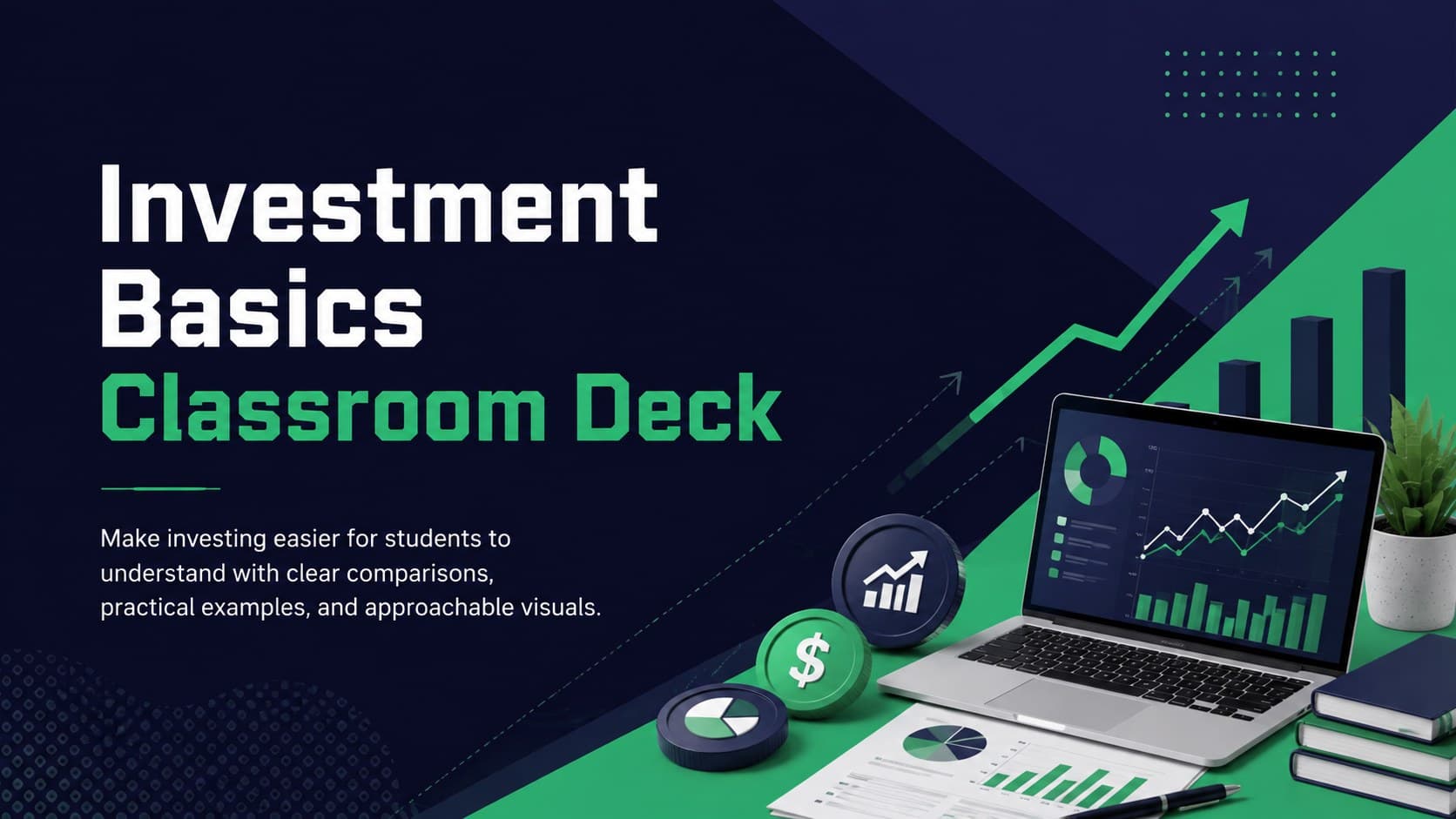 Cover of an investment basics classroom deck with bold green and blue geometric finance graphics.